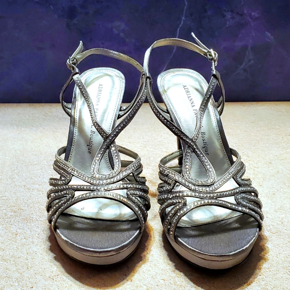Silver strappy heels, size 8.5